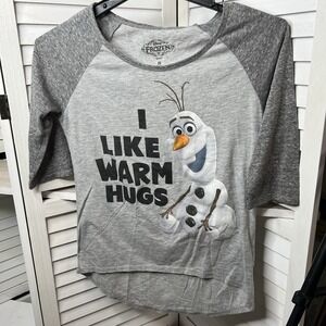 Disney Frozen Olaf "I Like Warm Hugs" Gray Raglan High-low T-shirt Women's Sz Sm